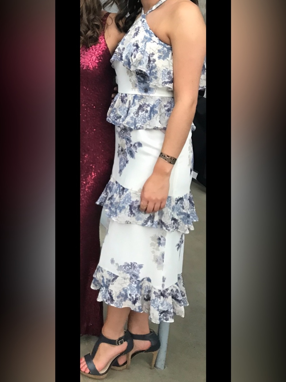 Floral Ruffle Halter Maxi Dress in Cream and Blue